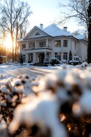 Luxurious white mansion covered in snow at sunset, with snow-laden evergreens and golden winter light creating a warm glow through windows, framed by snowy branches.