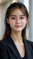 Young Asian businesswoman wearing round glasses and black blazer smiles confidently at camera. Professional corporate headshot with soft natural lighting.