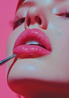 Close-up of glossy pink lips being applied with makeup brush against pink background, showing professional cosmetic application technique and beauty details.