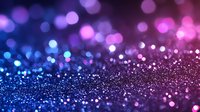 Magical glitter bokeh background with purple and blue defocused lights creating dreamy atmosphere, abstract blurred sparkles for festive designs and celebrations.