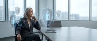 Professional businesswoman contemplating cybersecurity solutions in modern office with digital shield icons representing data protection and network security.