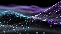 Abstract flowing wave of glowing particles in purple and blue tones against black background, creating dynamic digital art effect.