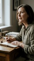 Thoughtful middle-aged woman writing in journal at wooden desk by window, contemplating life decisions and personal growth in cozy home office setting.