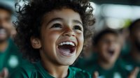 Young child with curly afro hair laughing joyfully, showing genuine happiness and excitement. Natural candid moment captured with blurred background showing other children.