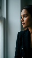 Thoughtful young Hispanic businesswoman in dark blazer gazing out office window, contemplating future plans and career opportunities in modern workplace.