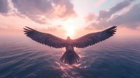 Majestic eagle silhouette with spread wings flying over ocean at sunset, dramatic pink and purple sky reflecting in calm water surface, mystical atmosphere.
