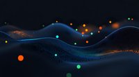 Abstract digital wave pattern with glowing particles in dark blue and orange, flowing dynamic lines creating futuristic landscape effect against black background.