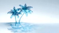 Dreamy tropical palm trees on small island reflecting in calm turquoise water against misty light background, minimalist artistic composition.