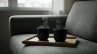 Two steaming black ceramic cups on wooden tray placed on gray sofa armrest creating cozy morning coffee moment in soft natural light.