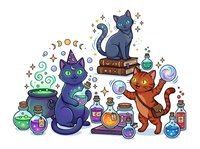 Witches cats surrounded by magical potions, spell books, crystals and mystical elements on white background. Isolated clipart for design projects.