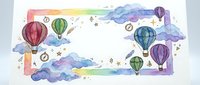 Watercolor hot air balloons floating among colorful clouds with rainbow gradient background for nursery decor and children's room design.