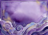 Abstract purple and gold watercolor background with ornamental swirls and flourishes, suitable for invitations, presentations, and design projects.