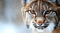 Close up portrait of wild lynx face showing amber eyes, detailed fur texture and distinctive facial features against blurred background. Great for wildlife publications.