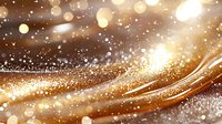 Magical golden waves with glowing sparkles and bokeh lights on brown background create festive luxury atmosphere for holiday designs and celebrations.