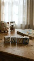 Vintage wooden blocks spelling SAVE on rustic table with piggy bank and coin jar, evoking childhood savings and financial planning concepts.