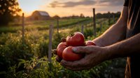 Farmer hands holding fresh ripe tomatoes at sunset in organic vegetable garden with barn and farmland background during golden hour harvest time.
