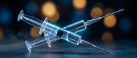 Medical syringes with needles on dark surface with bokeh lights background for healthcare and vaccination concepts.