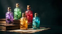 Colorful magical potion bottles with cork stoppers arranged on wooden surface. Fantasy alchemy laboratory scene with glowing liquid elixirs for gaming design.