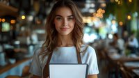 Young Caucasian female barista in white uniform holding digital tablet while standing in modern cafe with blurred bokeh lights and cozy atmosphere in background.