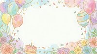 Pastel balloons and flowers frame a blank celebration space with confetti, ideal for party invitations, greeting cards, and festive event designs.