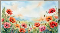 Watercolor poppy field with vibrant red and pink blooms, green ferns, and soft pastel sky, framing a blank center space for text.