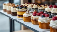 Assorted gourmet cupcakes and mini cakes lined up on display shelf, topped with fresh berries, cream frosting, and chocolate decorations. For bakery promotion.