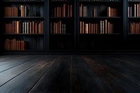 Dark wooden floor and vintage bookshelf with antique leather-bound books in moody library interior. Dramatic low-angle perspective creates atmospheric study room ambiance.