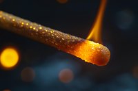 Burning match head with bright orange flame against dark background, macro photography showing detailed texture of matchstick with bokeh light effects.