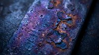 Rusty metal surface with vibrant purple and blue oxidation patterns showing weathered industrial texture and corrosion details.