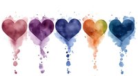 Watercolor hearts in rainbow colors with dripping paint effect and splatter texture on white background, suitable for romantic designs and valentines projects.