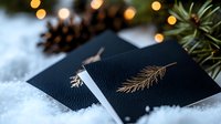 Elegant black greeting cards with gold foil pine branch design nestled in artificial snow, surrounded by warm bokeh lights and natural pine elements.
