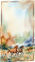 Two brown horses galloping through wildflower meadow with mountains in distance, watercolor style with gold frame border, suitable for equestrian art prints and nature-themed designs.