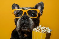 French bulldog wearing yellow glasses with popcorn box against vibrant yellow background, funny pet portrait for entertainment and movie night concepts.