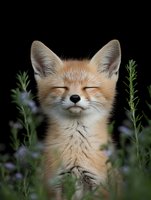 Young red fox kit with closed eyes surrounded by lavender and herbs against black background for nature and wildlife photography.