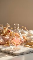 Glass vase with glowing heart on marble tray surrounded by warm fairy lights and cozy blankets creating romantic atmosphere for home decor.