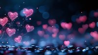 Glowing pink heart shapes floating with magical sparkles against dark blue background with bokeh effect and water drops, romantic atmosphere.