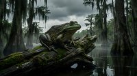 Large green toad perched on moss-covered log in misty swamp surrounded by cypress trees with hanging moss and still water.