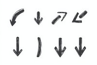 Hand drawn black arrows pointing in different directions on white isolated background, grunge brush stroke style for graphic design and presentations.