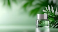 Luxury cosmetic cream jar with tropical leaves on green background, elegant skincare product mockup for beauty and wellness packaging design concept.