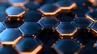 Futuristic hexagonal pattern with glowing orange edges on dark blue background, creating technological honeycomb structure for digital concept designs.