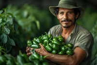 Hispanic farmer holding fresh harvested green bell peppers in hands while standing in organic vegetable garden, wearing traditional hat and work clothes.