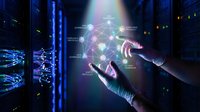 Hands interacting with holographic network interface in modern data center server room with glowing connections and digital technology elements.