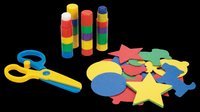 Colorful kids craft supplies with scissors, glue sticks, and foam shapes isolated on transparent background, ready for clipart, stickers, t-shirt design, and print on demand use.