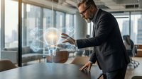 Middle-aged Caucasian businessman in suit interacting with holographic lightbulb and digital icons in modern office conference room representing innovation.
