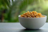 Fresh roasted salted corn nuts in white ceramic bowl on gray table against blurred green natural background, healthy snack food concept.