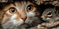 Orange tabby cat with bright amber eyes hiding in tree bark hollow alongside small gray squirrel, natural wildlife encounter in forest habitat.