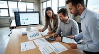 Business team analyzing financial data and charts on computer screen in modern office workspace for strategic planning and decision making.