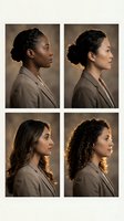 Professional businesswomen portraits showing diverse ethnicities in profile view wearing beige blazers with elegant hairstyles for corporate branding.