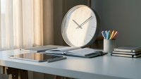 Minimalist home office desk with clock, open notebook, tablet, and colorful markers in soft natural light, evoking productivity and focus.