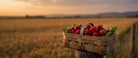 Fresh red apples in rustic wooden crate at golden hour harvest time in countryside orchard with warm sunset lighting and agricultural landscape background.